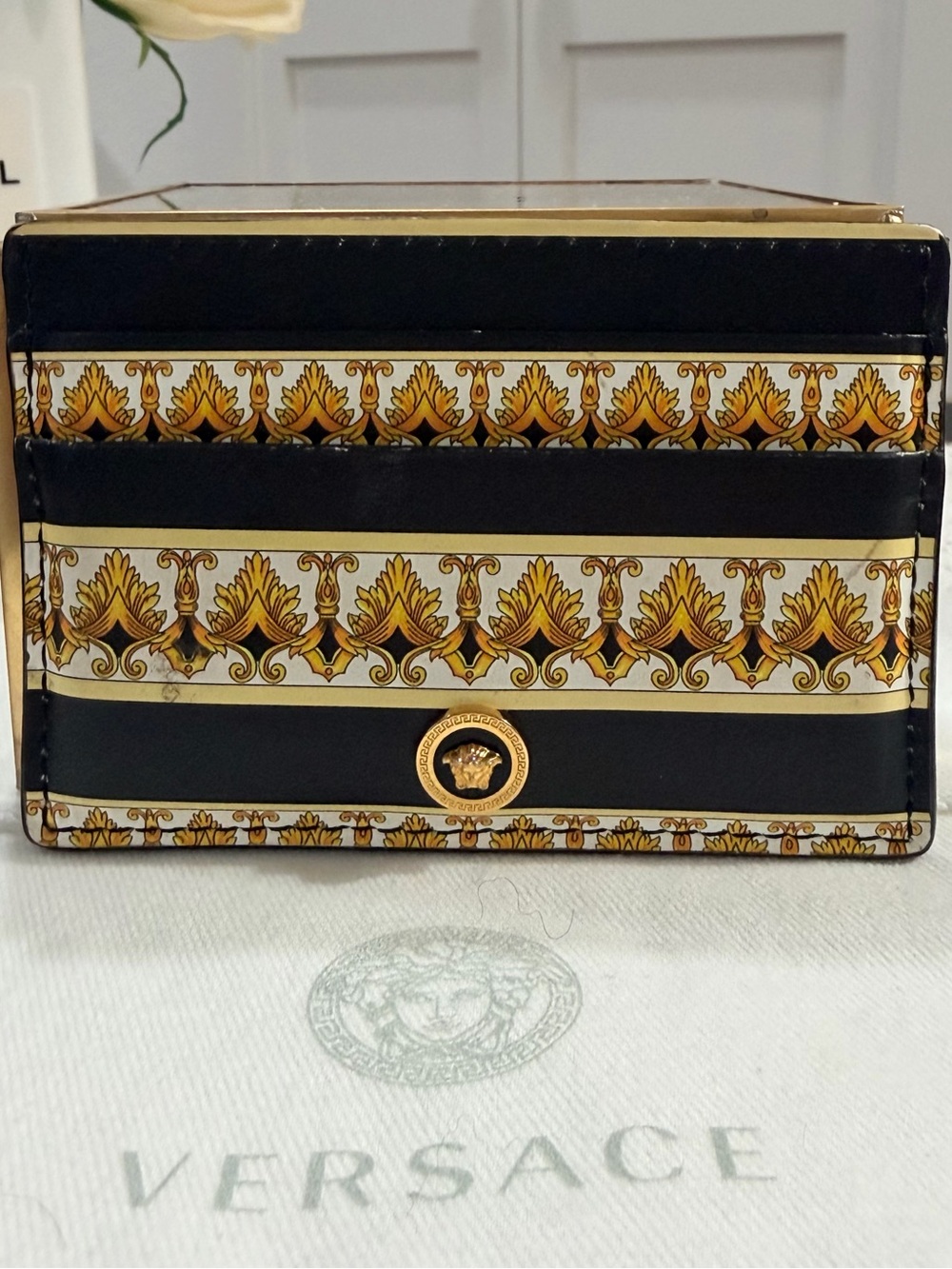 Versace Barocco Print Leather Gold Medusa Head Card Case Holder + dust bag